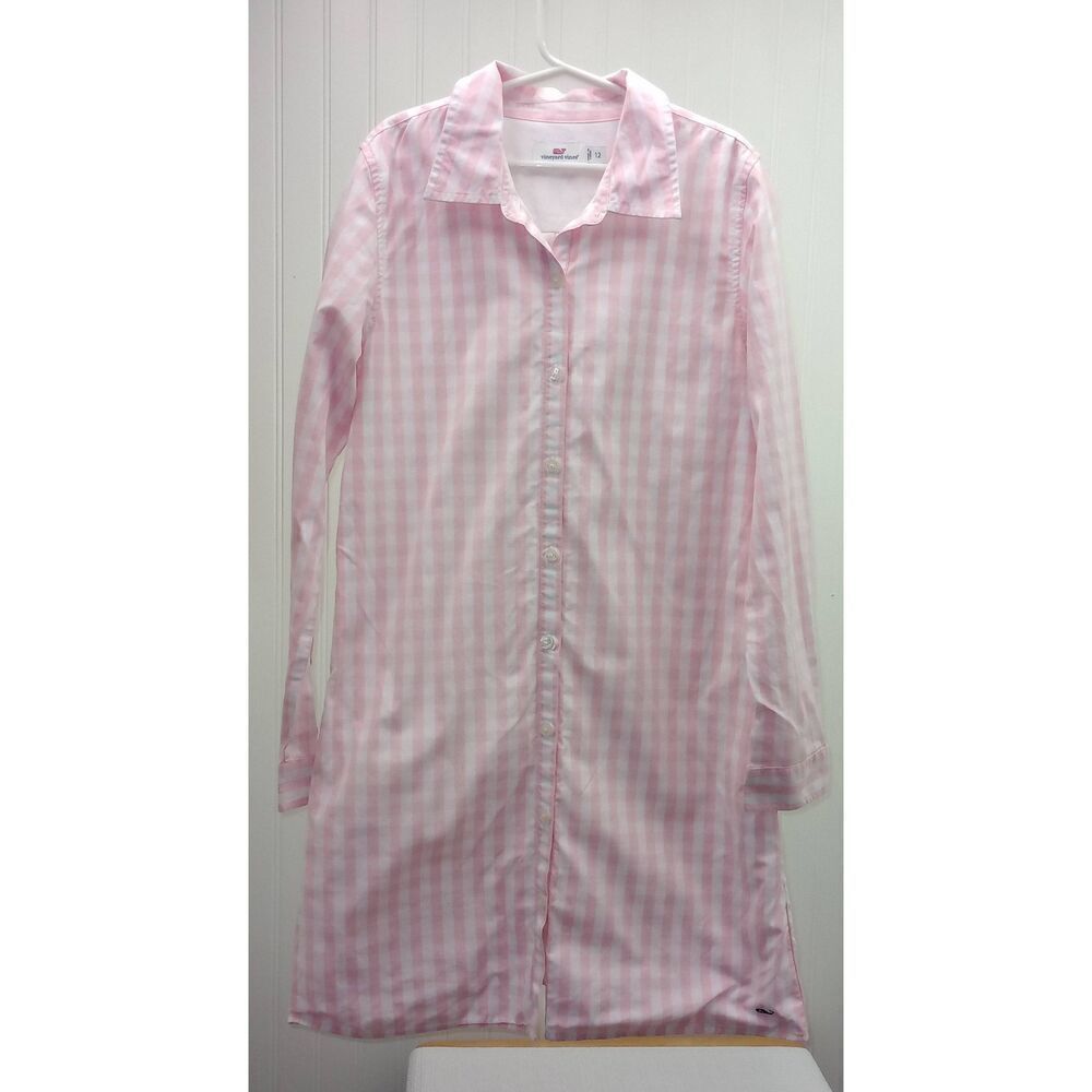 Vineyard Vines  pink and white gingham long sleeve shirt dress girls 12
